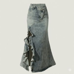 "Ruffe Utility" Asymmetrical Deconstructed Denim Maxi Skirt with Acid Wash Bows