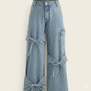 Wide-Leg Cargo Jeans with Contrast Denim Bow Accents