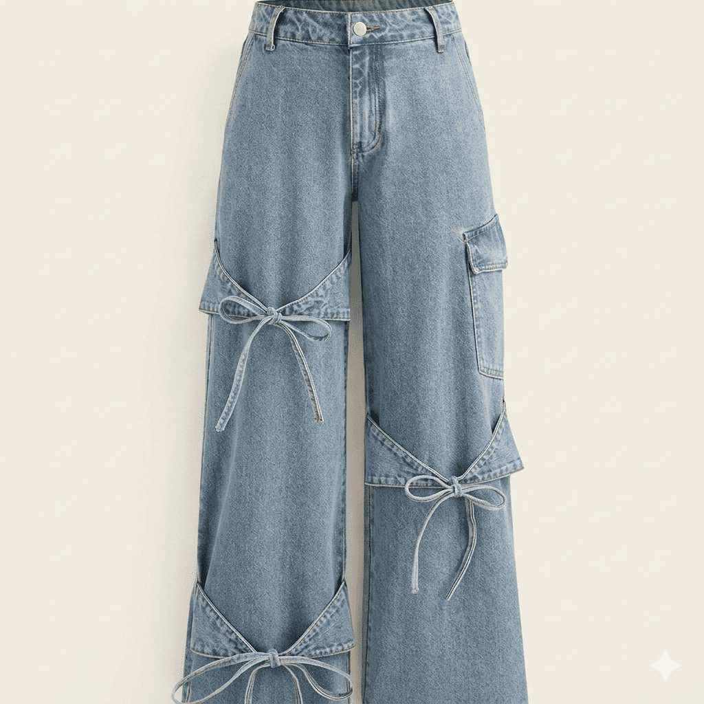 Wide-Leg Cargo Jeans with Contrast Denim Bow Accents
